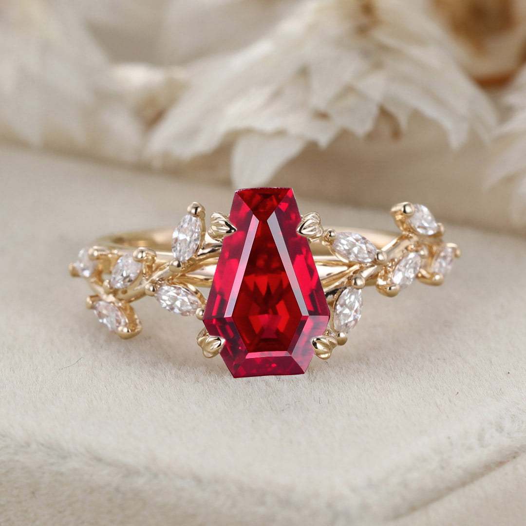 Unique Coffin Cut Lab-Grown Ruby Engagement Ring 14K Solid Gold Ring Branch Marquise Diamond Cluster Ring