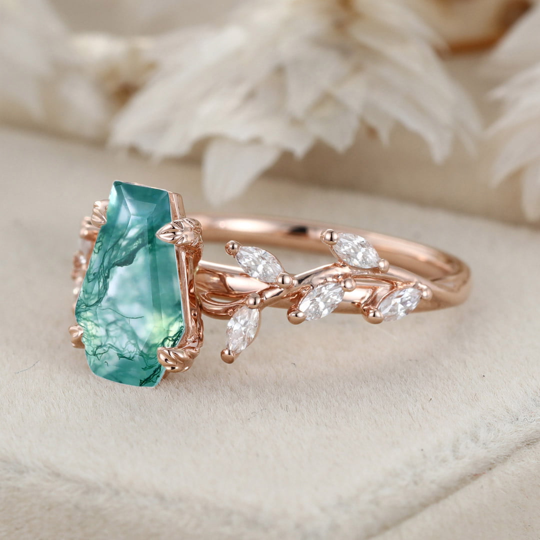 Unique Coffin Cut Nature Inspired Moss Agate Engagement Ring 14K Solid Gold Ring Branch Marquise Diamond Cluster Ring