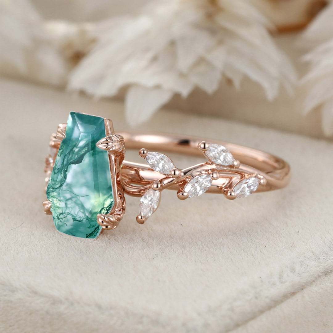 Unique Coffin Cut Nature Inspired Moss Agate Engagement Ring 14K Solid Gold Ring Branch Marquise Diamond Cluster Ring