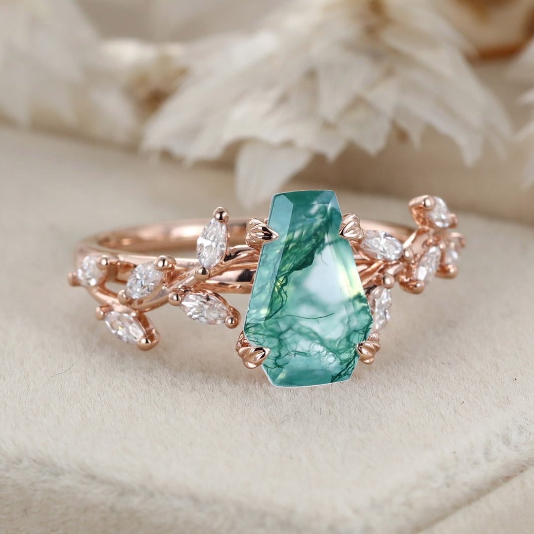 Unique Coffin Cut Nature Inspired Moss Agate Engagement Ring 14K Solid Gold Ring Branch Marquise Diamond Cluster Ring