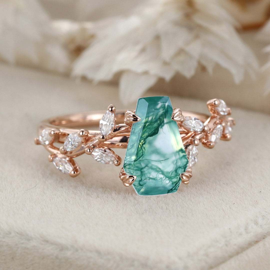 Unique Coffin Cut Nature Inspired Moss Agate Engagement Ring 14K Solid Gold Ring Branch Marquise Diamond Cluster Ring