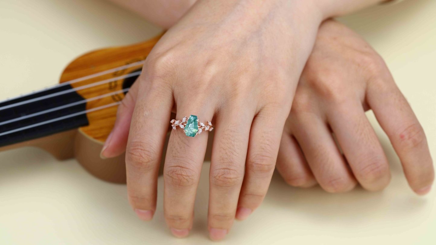Unique Coffin Cut Nature Inspired Moss Agate Engagement Ring 14K Solid Gold Ring Branch Marquise Diamond Cluster Ring