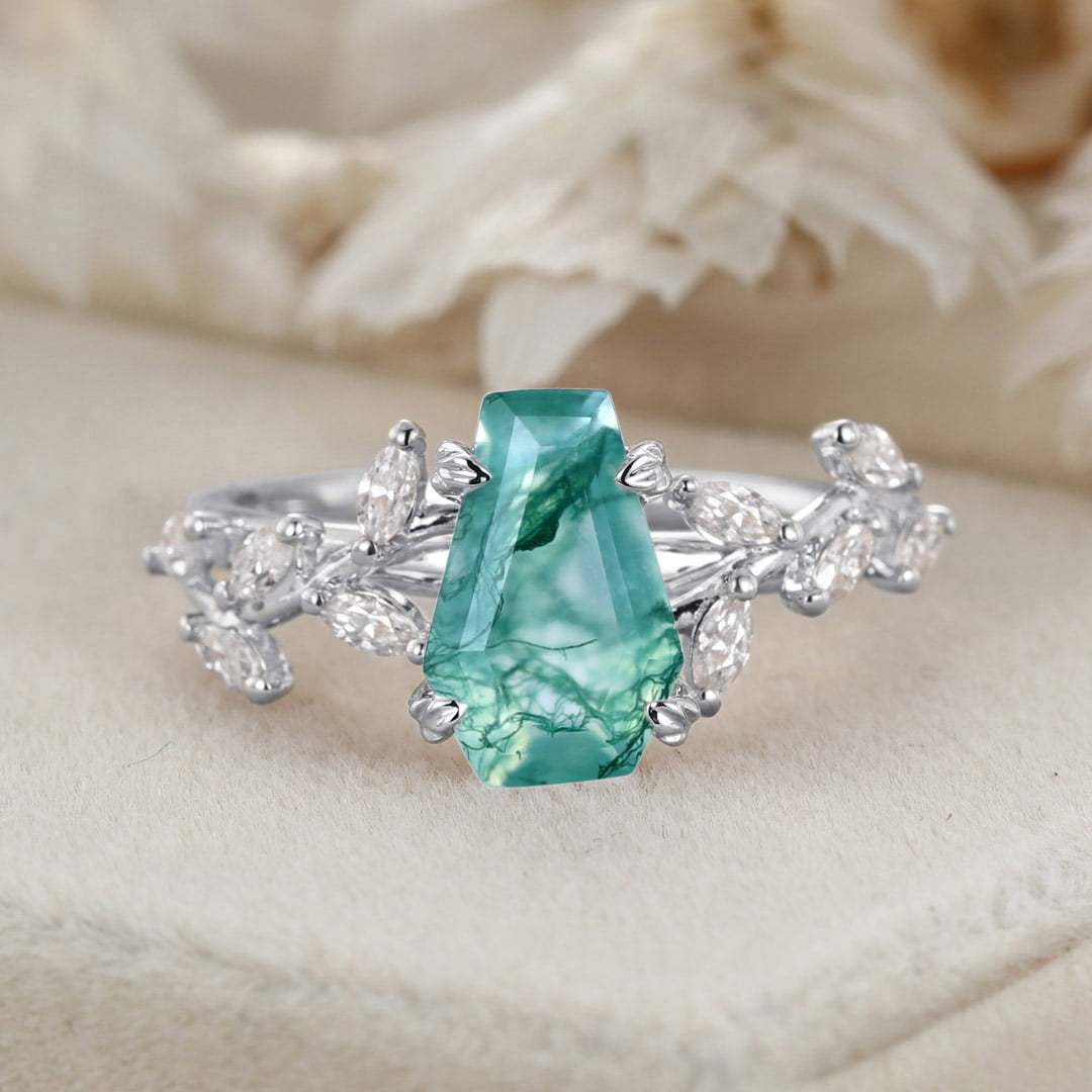 Unique Coffin Cut Nature Inspired Moss Agate Engagement Ring 14K Solid Gold Ring Branch Marquise Diamond Cluster Ring