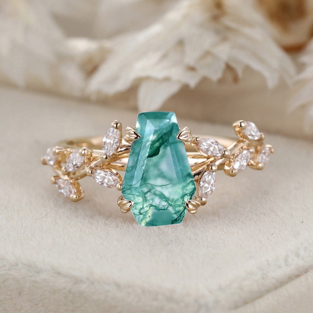 Unique Coffin Cut Nature Inspired Moss Agate Engagement Ring 14K Solid Gold Ring Branch Marquise Diamond Cluster Ring