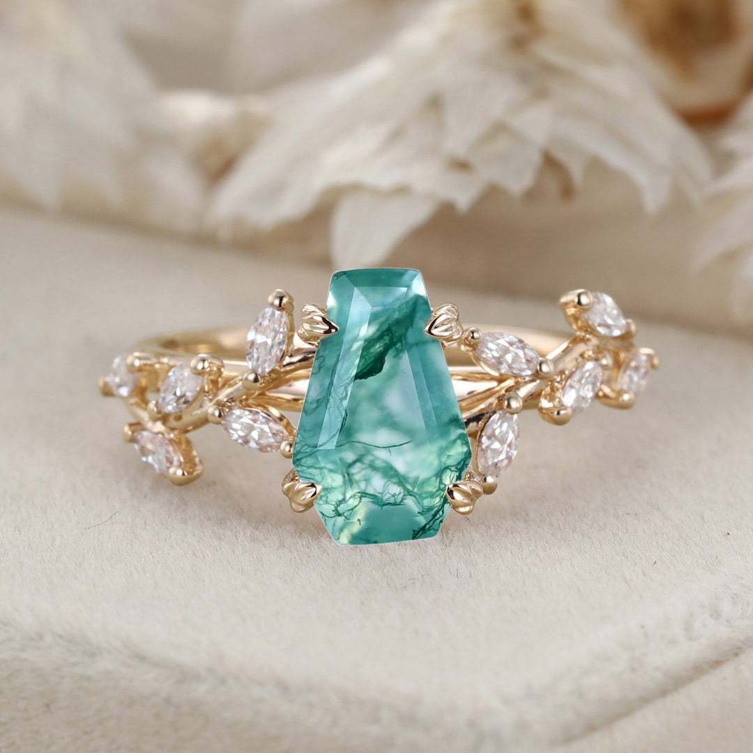 Unique Coffin Cut Nature Inspired Moss Agate Engagement Ring 14K Solid Gold Ring Branch Marquise Diamond Cluster Ring