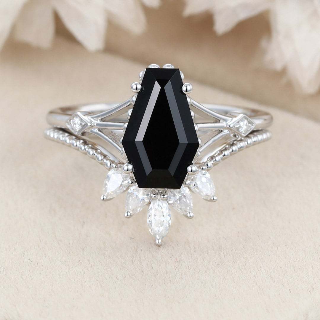Unique Coffin cut Black onyx engagement ring set Vintage diamond engagement ring Pear White gold engagement ring bridal set anniversary gift