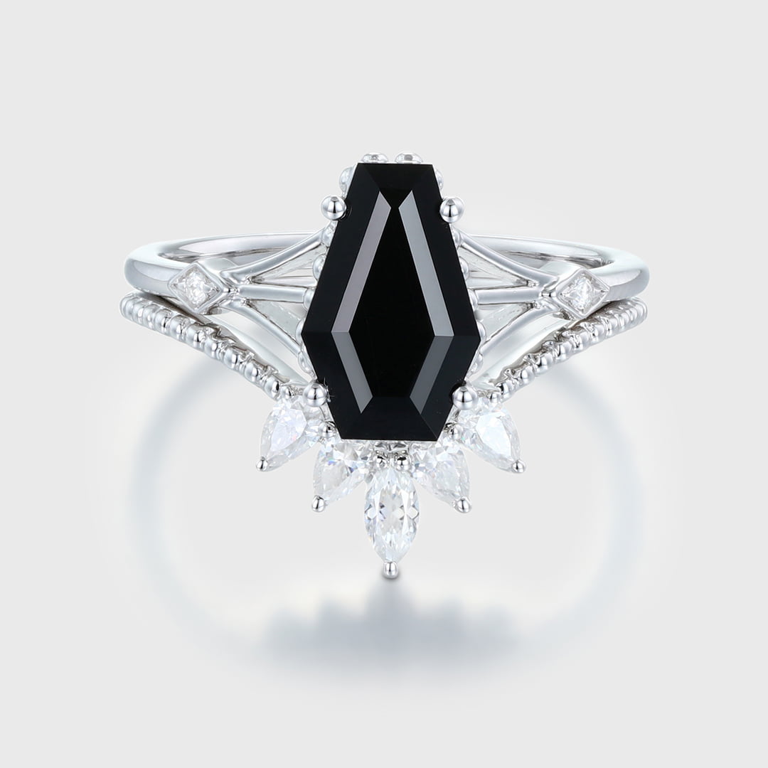 Unique Coffin cut Black onyx engagement ring set Vintage diamond engagement ring Pear White gold engagement ring bridal set anniversary gift