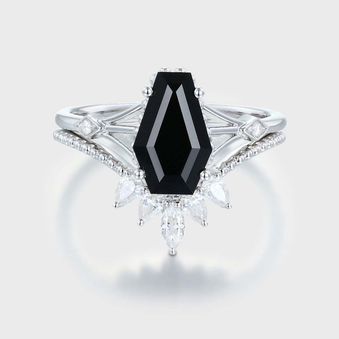 Unique Coffin cut Black onyx engagement ring set Vintage diamond engagement ring Pear White gold engagement ring bridal set anniversary gift