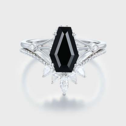 Unique Coffin cut Black onyx engagement ring set Vintage diamond engagement ring Pear White gold engagement ring bridal set anniversary gift