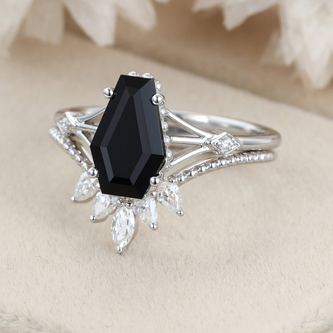 Unique Coffin cut Black onyx engagement ring set Vintage diamond engagement ring Pear White gold engagement ring bridal set anniversary gift