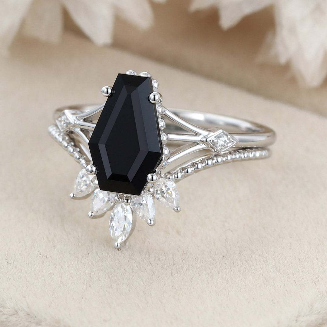 Unique Coffin cut Black onyx engagement ring set Vintage diamond engagement ring Pear White gold engagement ring bridal set anniversary gift