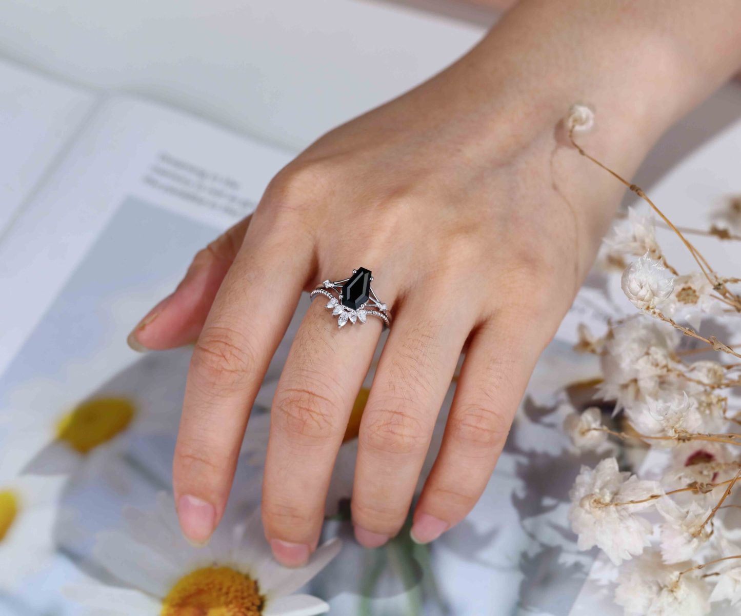 Unique Coffin cut Black onyx engagement ring set Vintage diamond engagement ring Pear White gold engagement ring bridal set anniversary gift