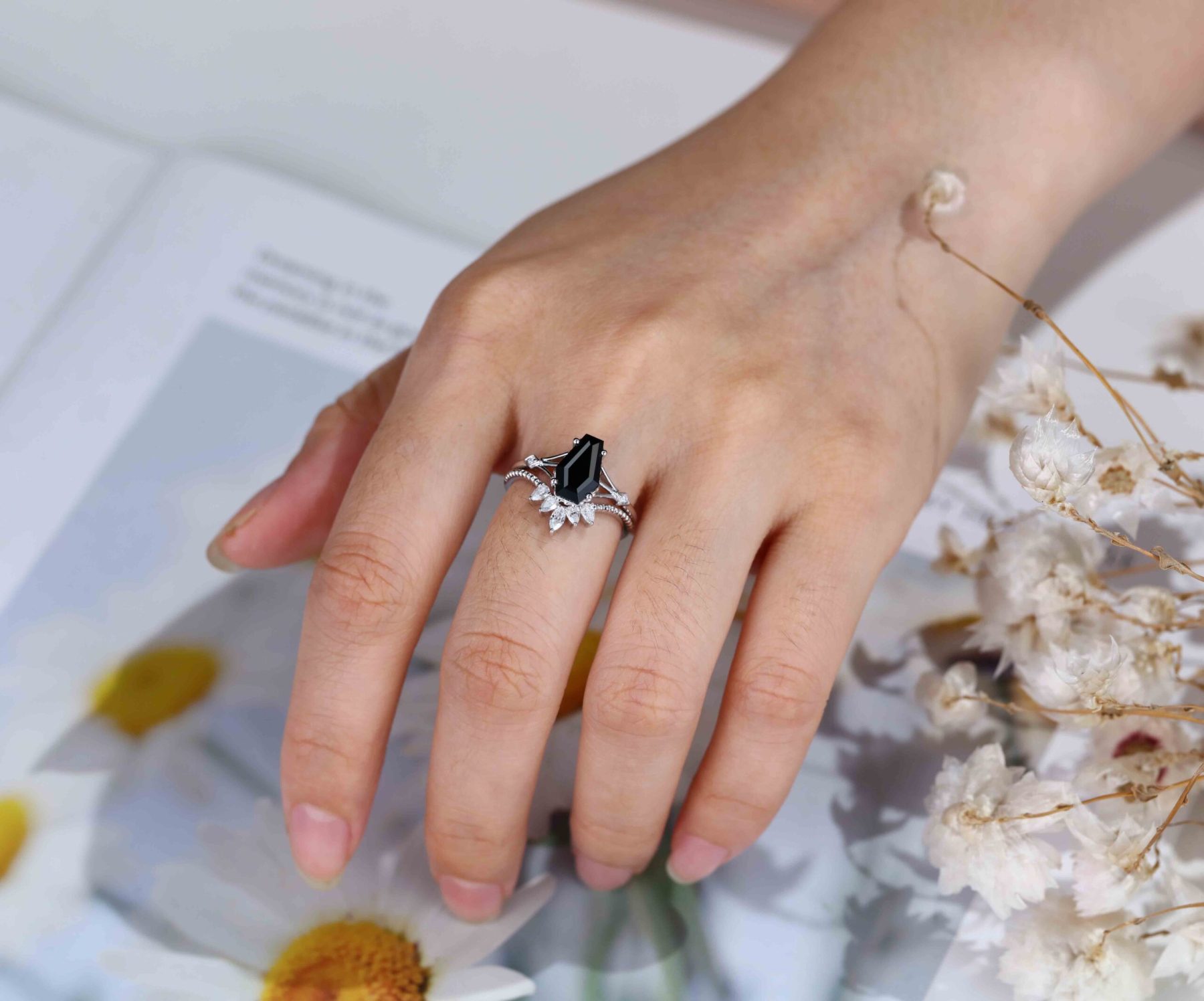 Unique Coffin cut Black onyx engagement ring set Vintage diamond engagement ring Pear White gold engagement ring bridal set anniversary gift