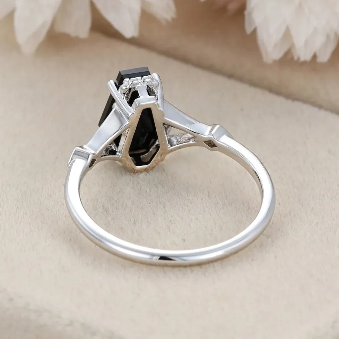 Unique Coffin Cut Black Onyx Engagement Ring In14k White Gold Vintage Art deco Promise Anniversary Ring