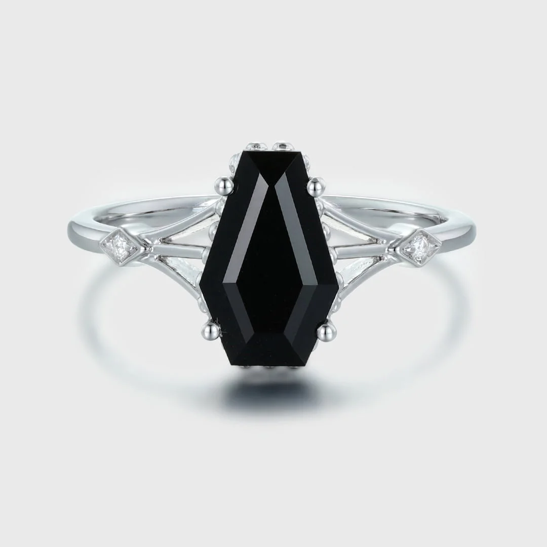 Unique Coffin Cut Black Onyx Engagement Ring In14k White Gold Vintage Art deco Promise Anniversary Ring