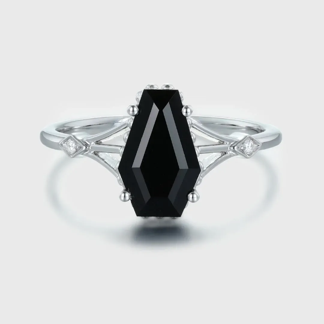 Unique Coffin Cut Black Onyx Engagement Ring In14k White Gold Vintage Art deco Promise Anniversary Ring