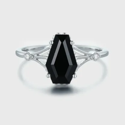 Unique Coffin Cut Black Onyx Engagement Ring In14k White Gold Vintage Art deco Promise Anniversary Ring