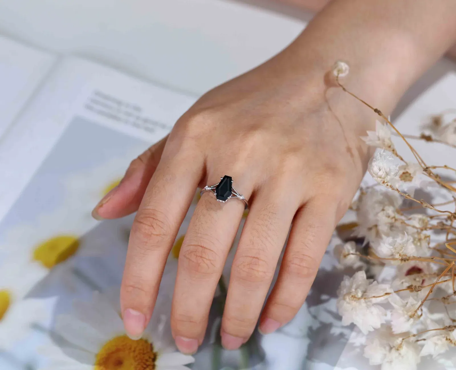 Unique Coffin Cut Black Onyx Engagement Ring In14k White Gold Vintage Art deco Promise Anniversary Ring