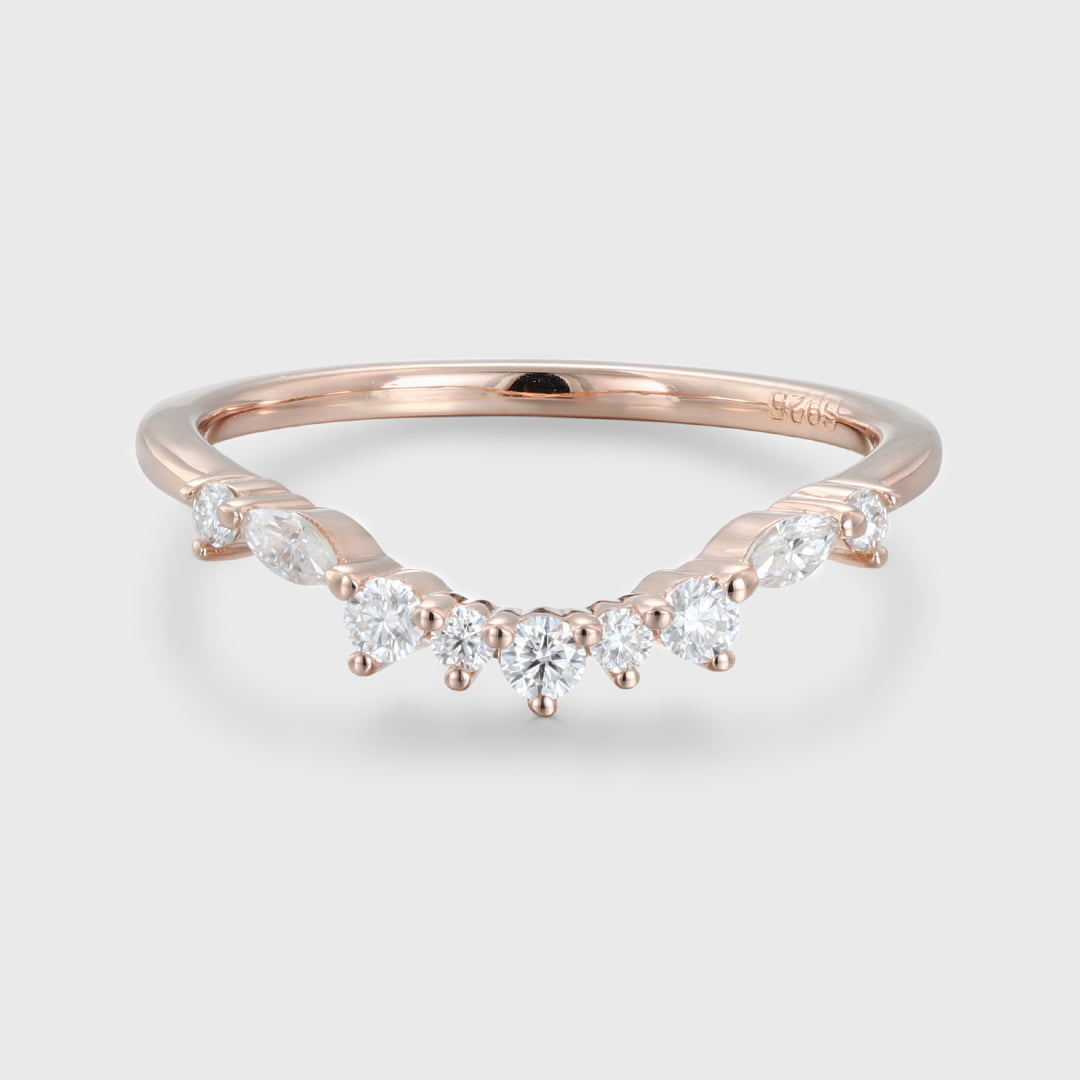 Unique Curved Diamond Wedding Ring 14K Solid Gold Matching Bridal Promise Gift