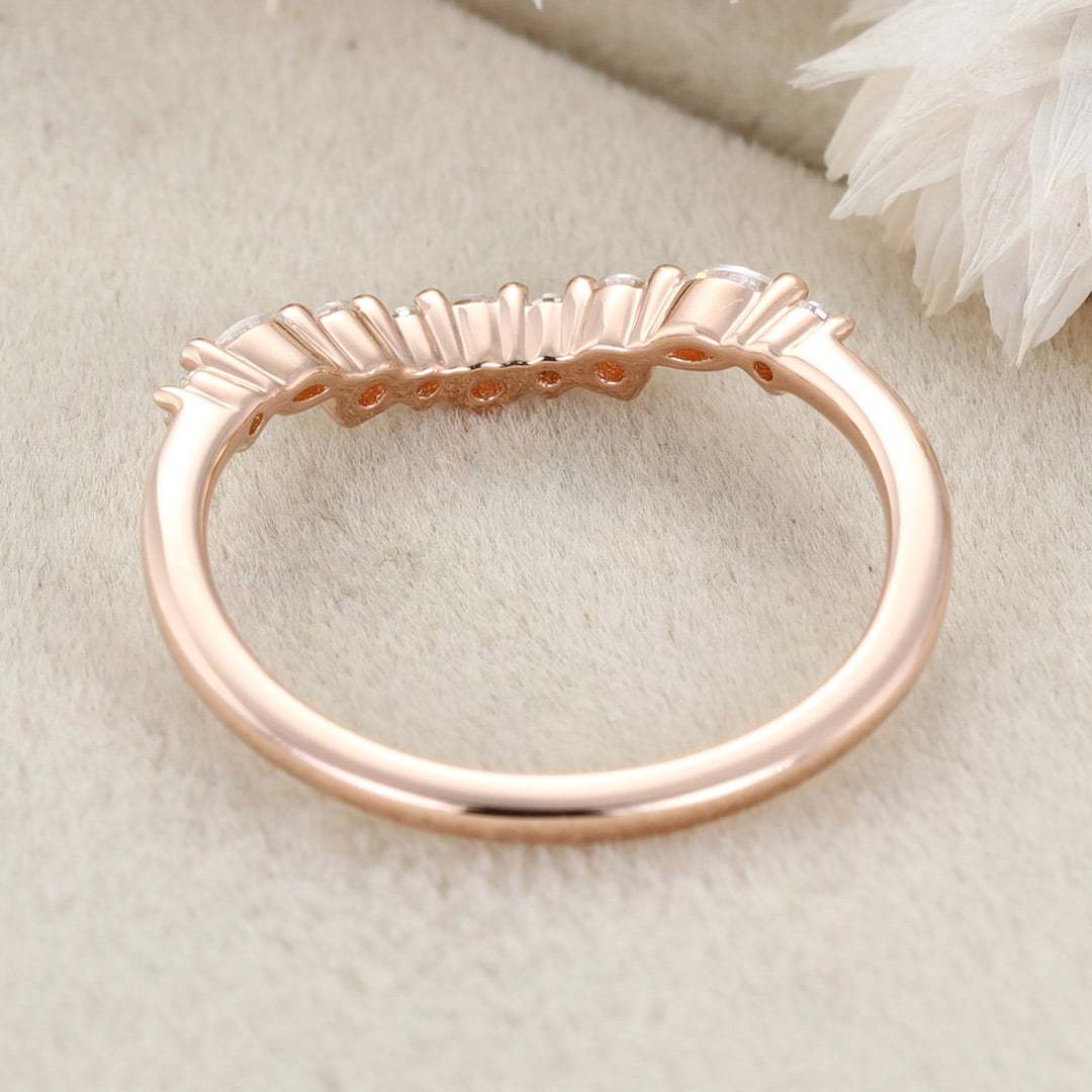 Unique Curved Diamond Wedding Ring 14K Solid Gold Matching Bridal Promise Gift