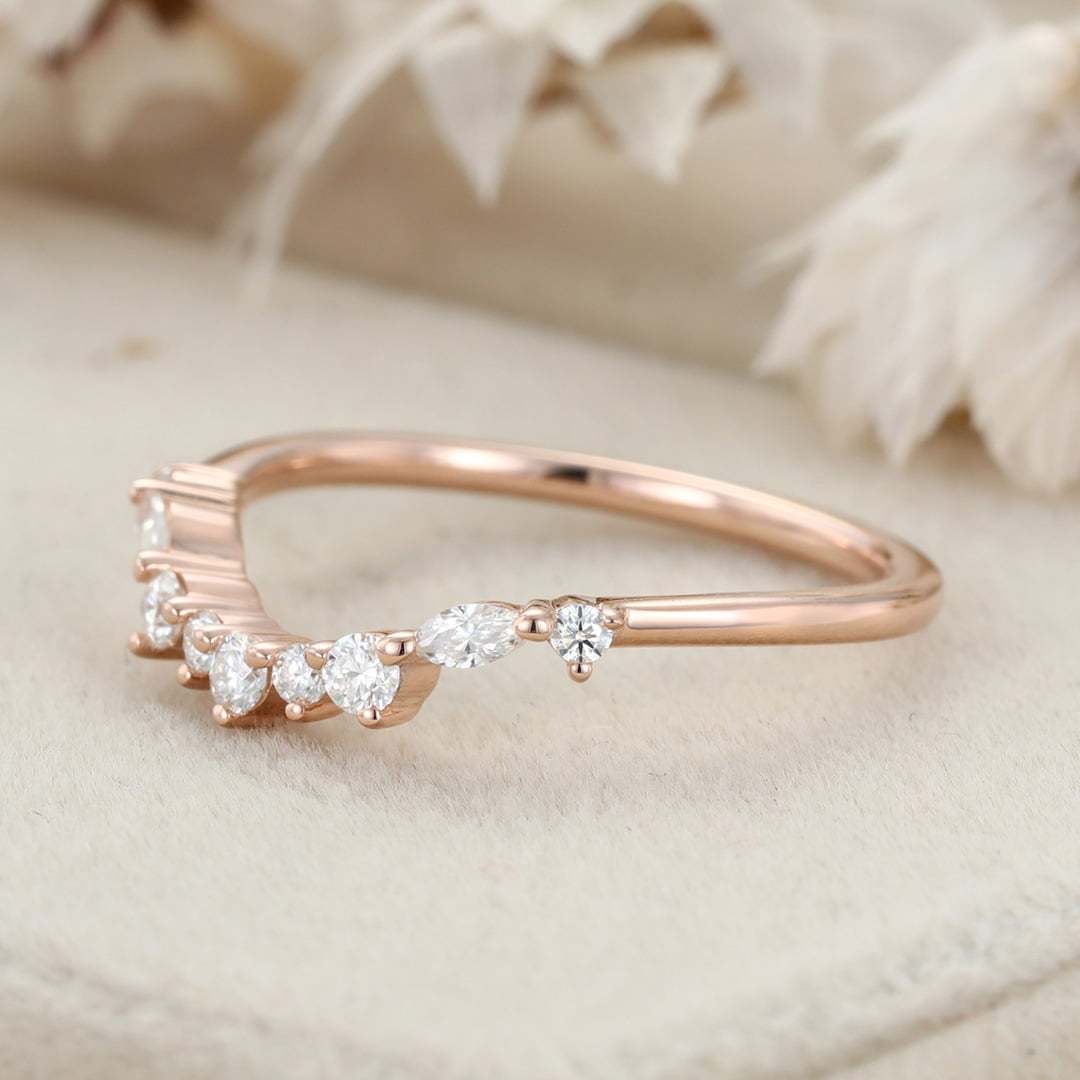 Unique Curved Diamond Wedding Ring 14K Solid Gold Matching Bridal Promise Gift