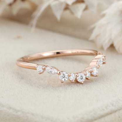 Unique Curved Diamond Wedding Ring 14K Solid Gold Matching Bridal Promise Gift