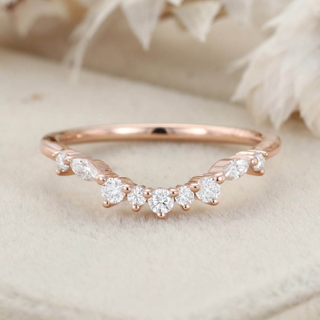 Unique Curved Diamond Wedding Ring 14K Solid Gold Matching Bridal Promise Gift