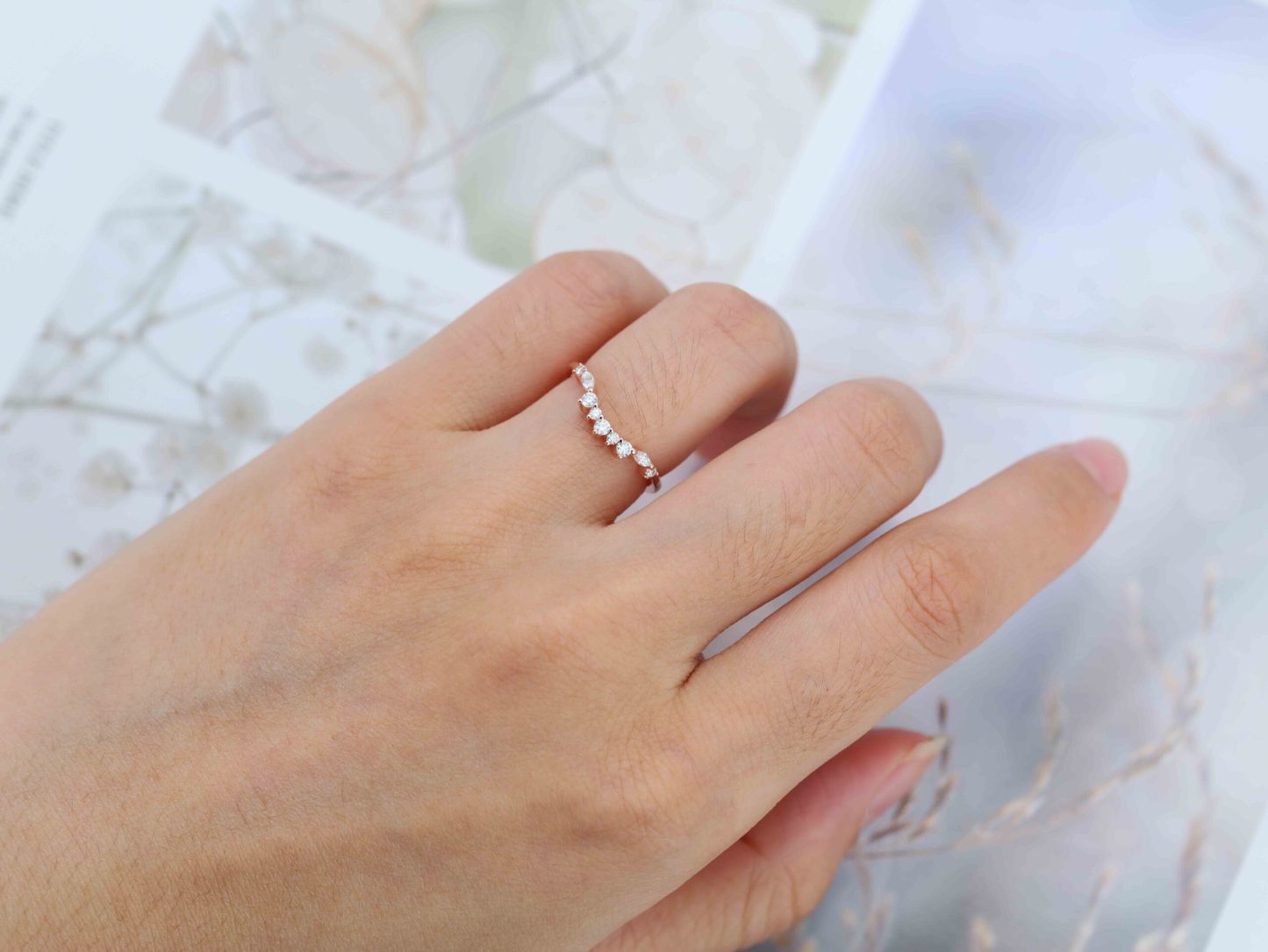 Unique Curved Diamond Wedding Ring 14K Solid Gold Matching Bridal Promise Gift
