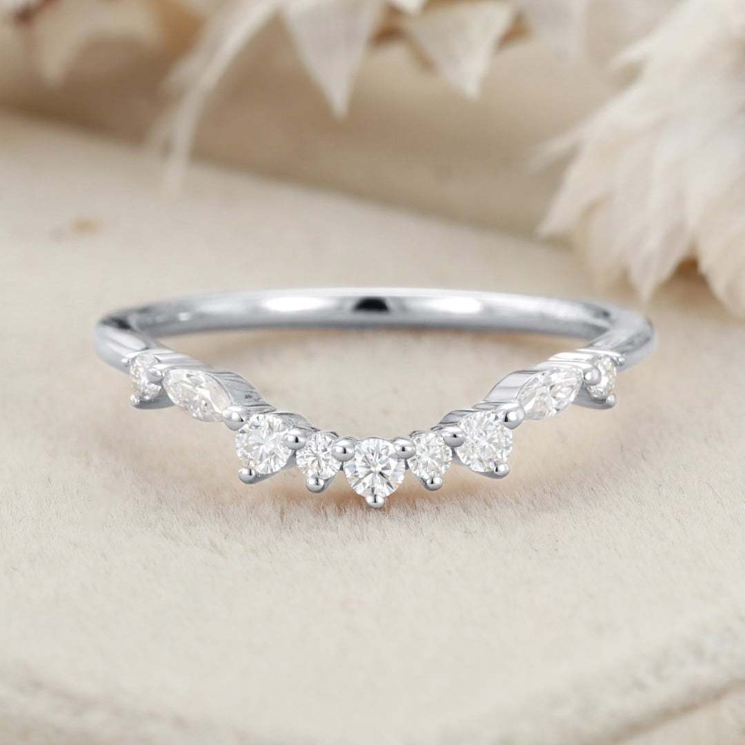 Unique Curved Diamond Wedding Ring 14K Solid Gold Matching Bridal Promise Gift