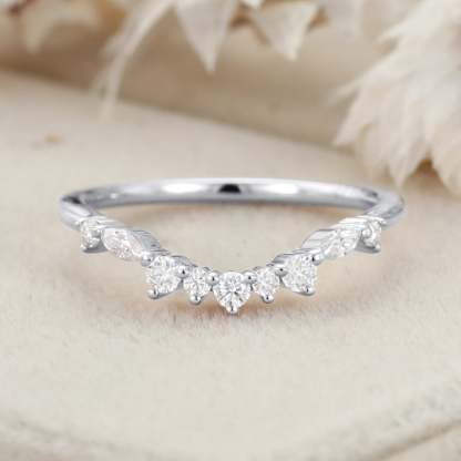Unique Curved Diamond Wedding Ring 14K Solid Gold Matching Bridal Promise Gift