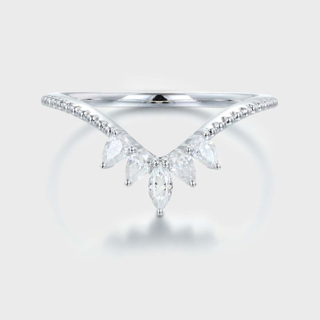 Unique Curved Wedding Ring Wedding Band 14K White Gold Moissanite Wedding Band Matching Band Bridal Promise Anniversary Gift for her