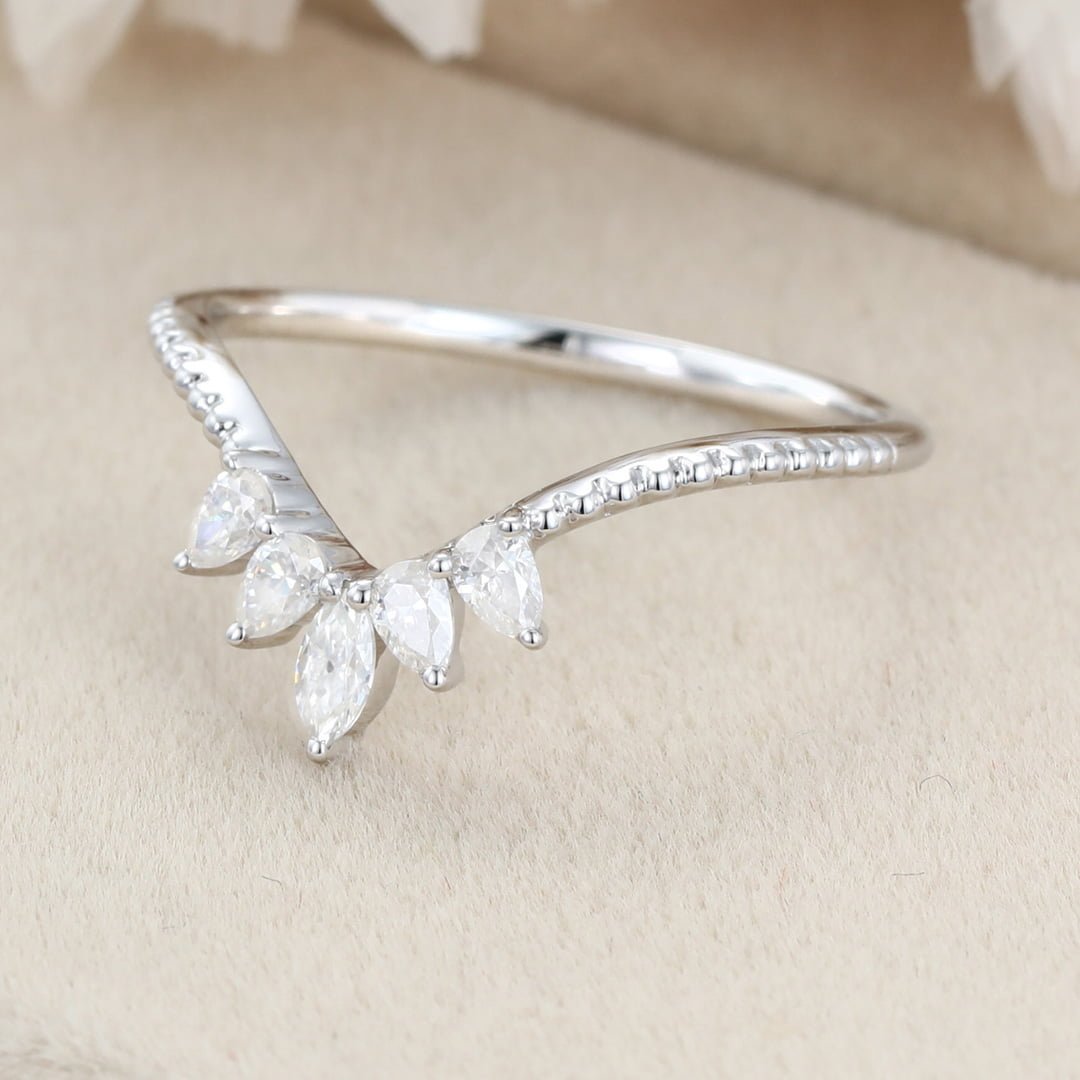Unique Curved Wedding Ring Wedding Band 14K White Gold Moissanite Wedding Band Matching Band Bridal Promise Anniversary Gift for her