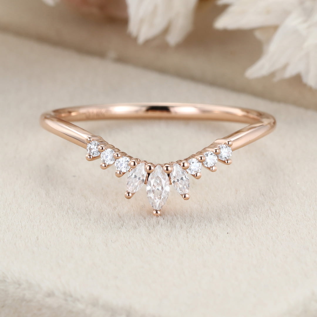 Unique Curved wedding band women rose gold Marquise diamond band vintage Stacking Matching band bridal Promise Anniversary gift for her