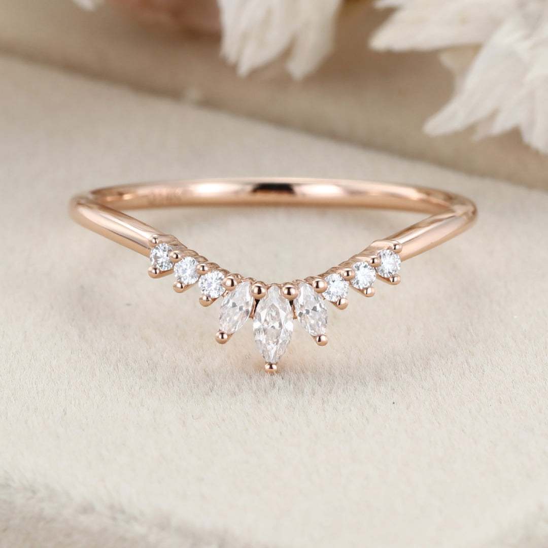 Unique Curved wedding band women rose gold Marquise diamond band vintage Stacking Matching band bridal Promise Anniversary gift for her