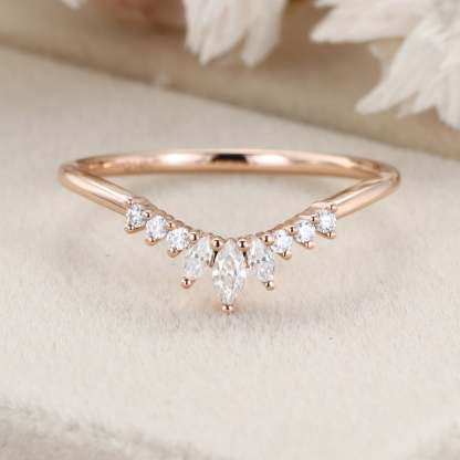 Unique Curved wedding band women rose gold Marquise diamond band vintage Stacking Matching band bridal Promise Anniversary gift for her