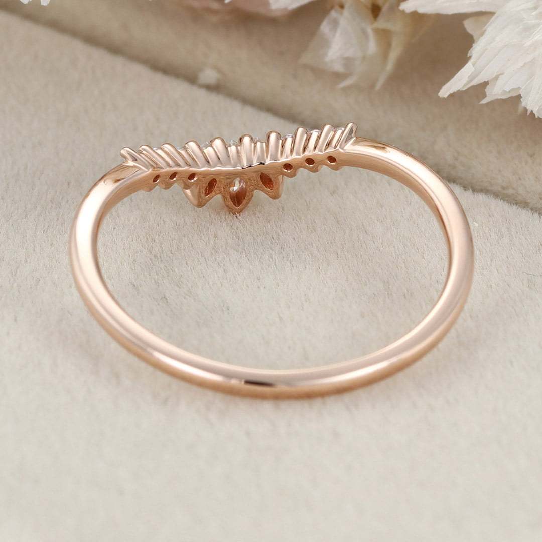 Unique Curved wedding band women rose gold Marquise diamond band vintage Stacking Matching band bridal Promise Anniversary gift for her