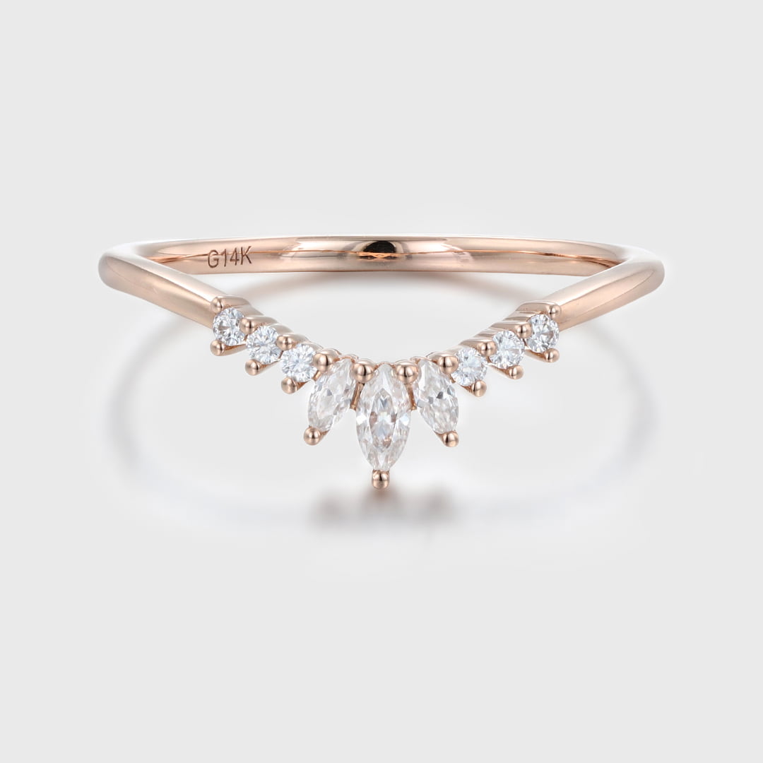 Unique Curved wedding band women rose gold Marquise diamond band vintage Stacking Matching band bridal Promise Anniversary gift for her