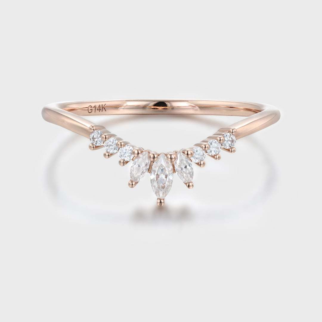 Unique Curved wedding band women rose gold Marquise diamond band vintage Stacking Matching band bridal Promise Anniversary gift for her