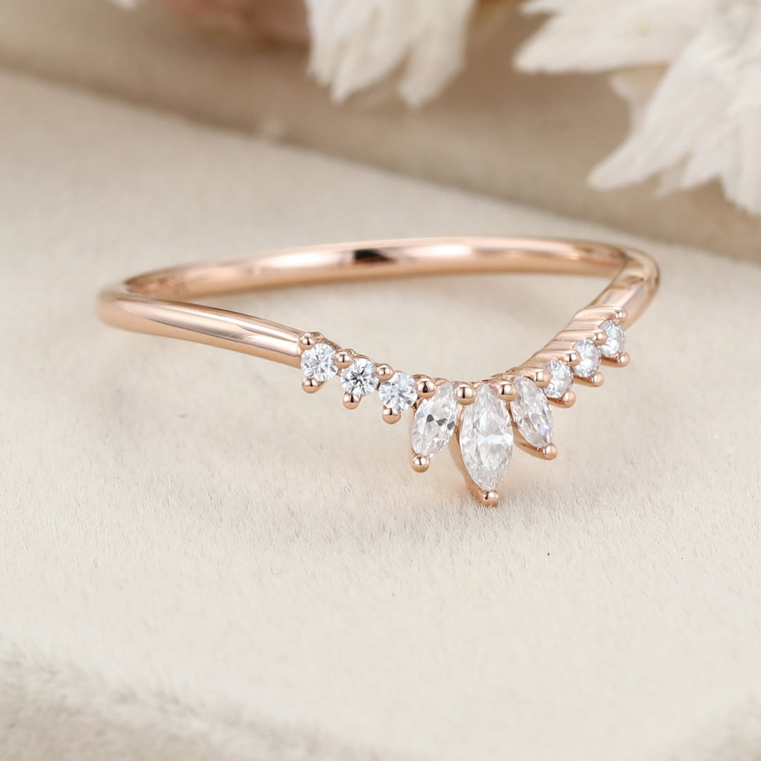 Unique Curved wedding band women rose gold Marquise diamond band vintage Stacking Matching band bridal Promise Anniversary gift for her