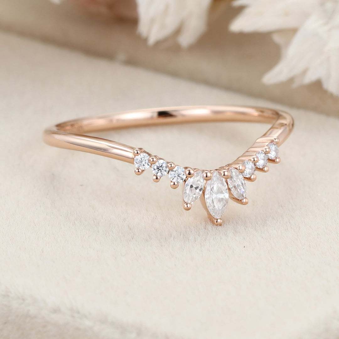 Unique Curved wedding band women rose gold Marquise diamond band vintage Stacking Matching band bridal Promise Anniversary gift for her