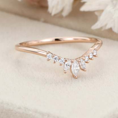 Unique Curved wedding band women rose gold Marquise diamond band vintage Stacking Matching band bridal Promise Anniversary gift for her