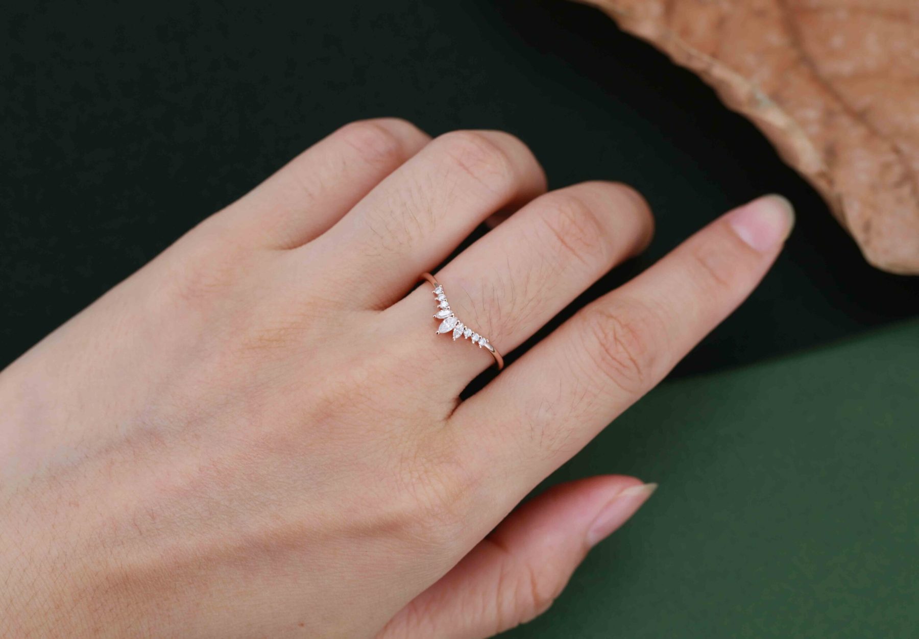 Unique Curved wedding band women rose gold Marquise diamond band vintage Stacking Matching band bridal Promise Anniversary gift for her