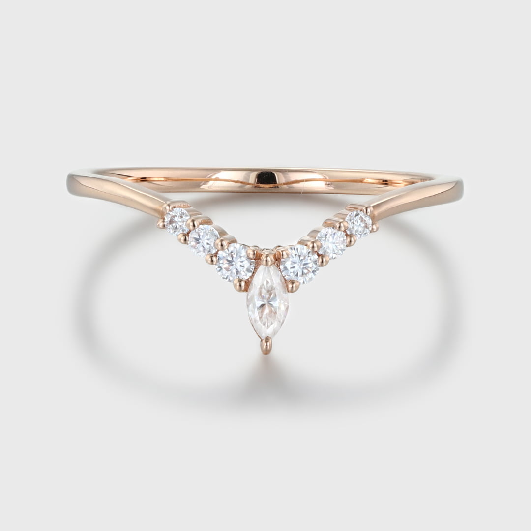 Unique Curved wedding band women vintage rose gold Marquise diamond band vintage Stacking Matching band bridal Promise Anniversary gift