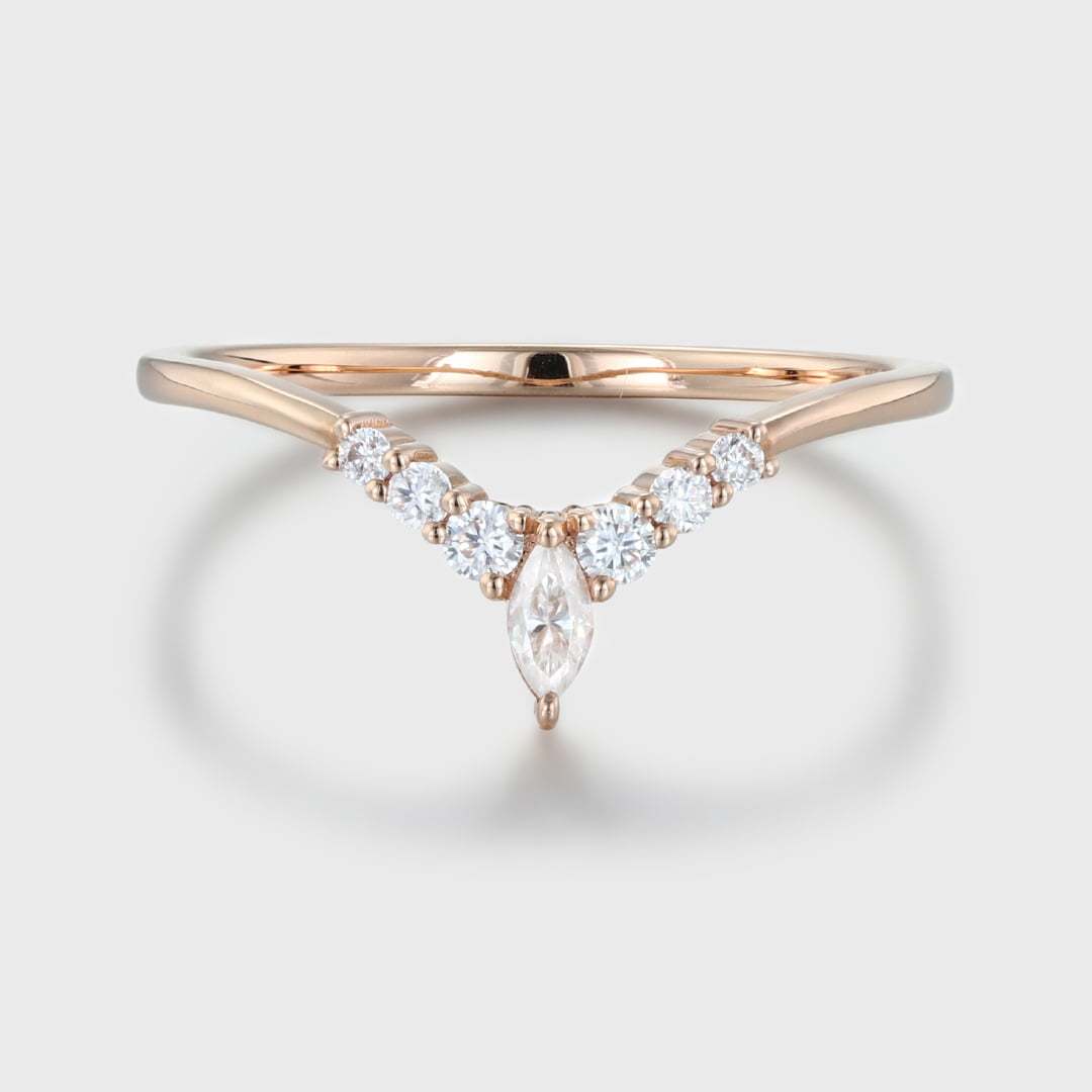 Unique Curved wedding band women vintage rose gold Marquise diamond band vintage Stacking Matching band bridal Promise Anniversary gift