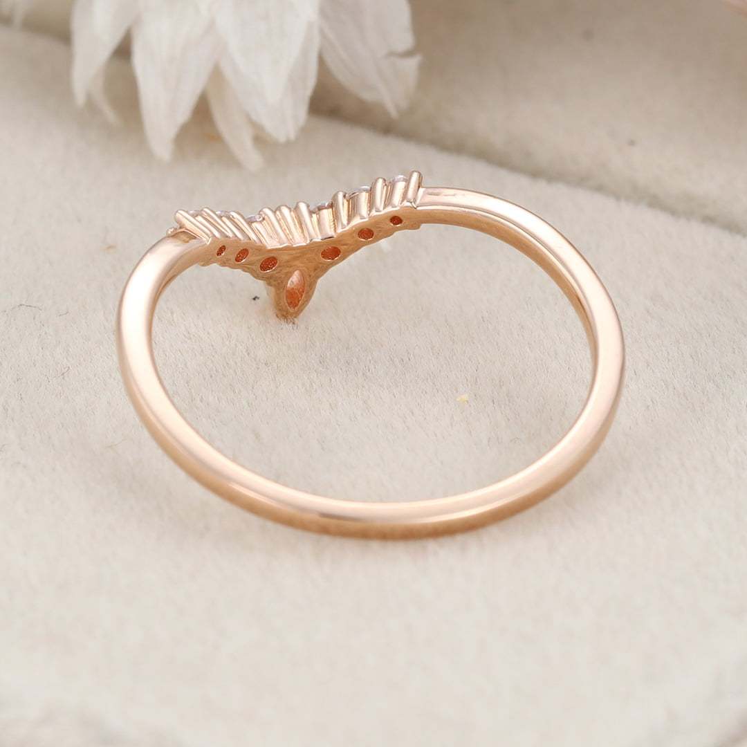 Unique Curved wedding band women vintage rose gold Marquise diamond band vintage Stacking Matching band bridal Promise Anniversary gift
