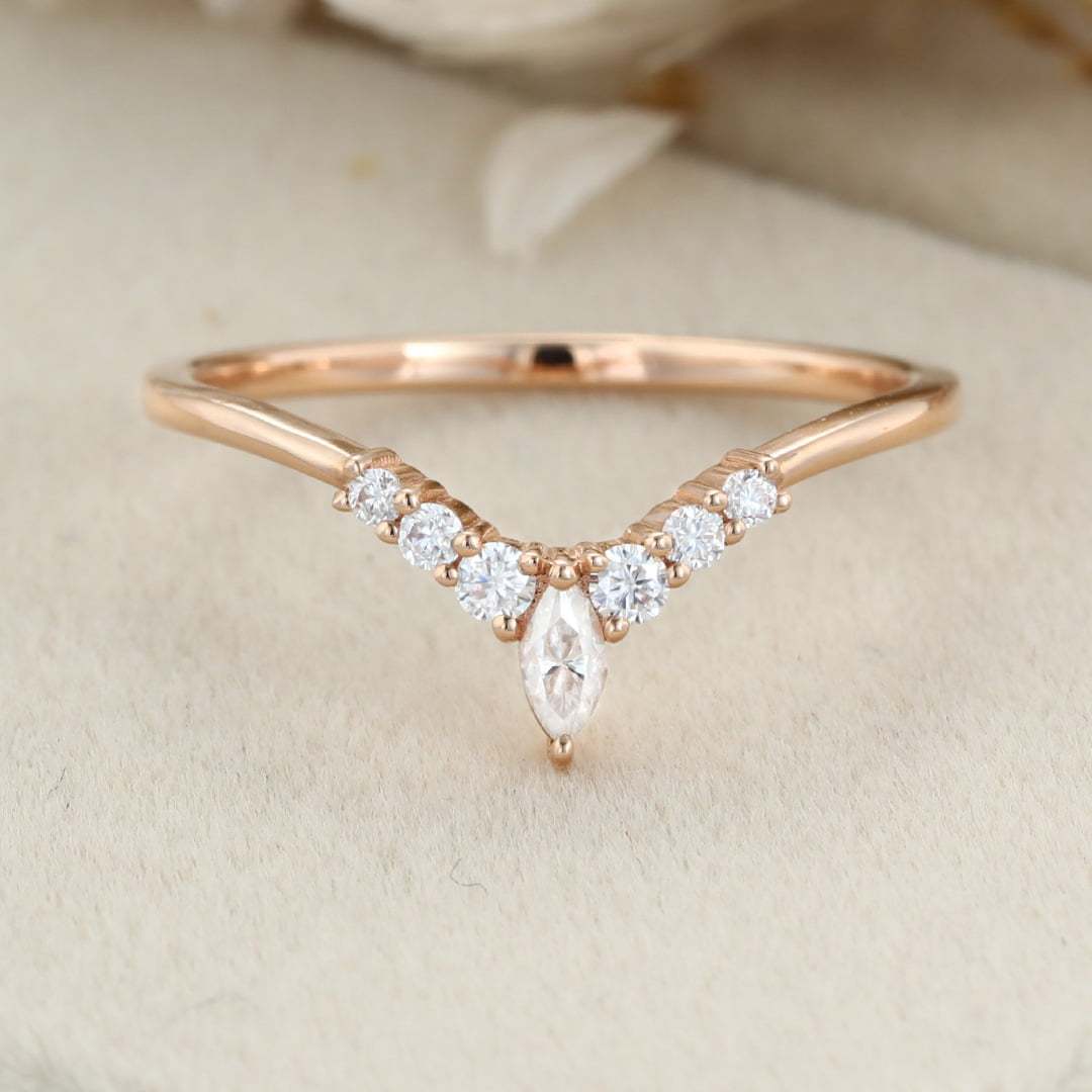 Unique Curved wedding band women vintage rose gold Marquise diamond band vintage Stacking Matching band bridal Promise Anniversary gift