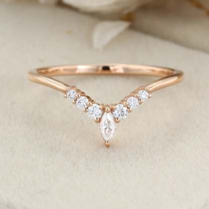 Unique Curved wedding band women vintage rose gold Marquise diamond band vintage Stacking Matching band bridal Promise Anniversary gift