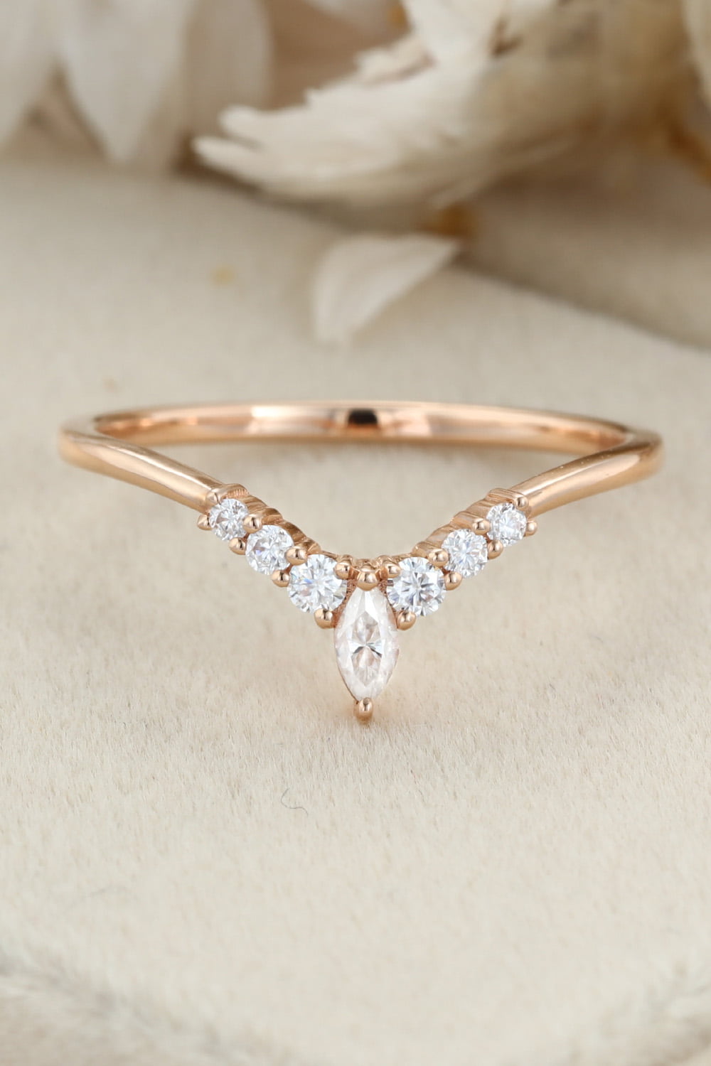 Unique Curved wedding band women vintage rose gold Marquise diamond band vintage Stacking Matching band bridal Promise Anniversary gift