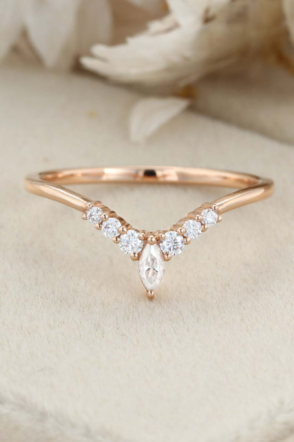 Unique Curved wedding band women vintage rose gold Marquise diamond band vintage Stacking Matching band bridal Promise Anniversary gift