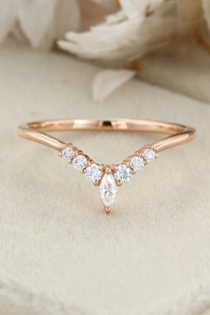Unique Curved wedding band women vintage rose gold Marquise diamond band vintage Stacking Matching band bridal Promise Anniversary gift